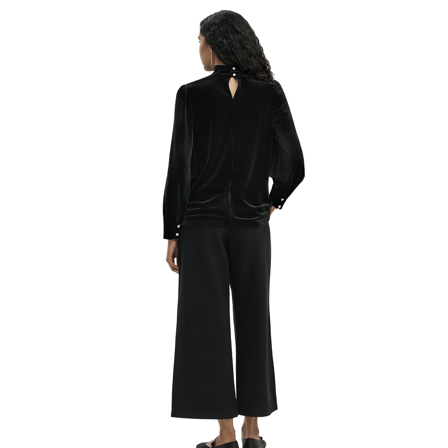 Black - Back - Finery Womens-Ladies Velvet Mock Neck Balloon Sleeve Blouse