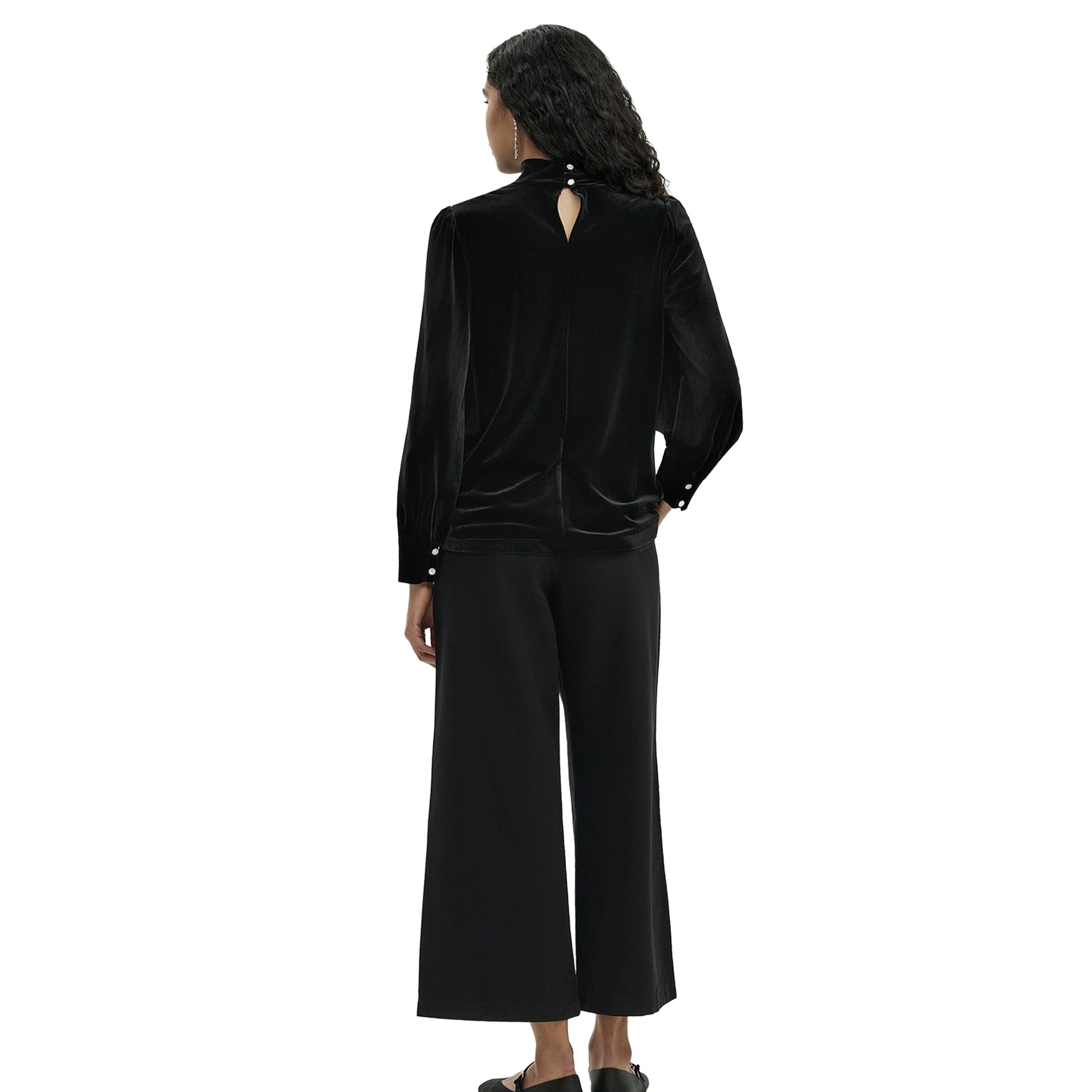 Black - Back - Finery Womens-Ladies Velvet Mock Neck Balloon Sleeve Blouse