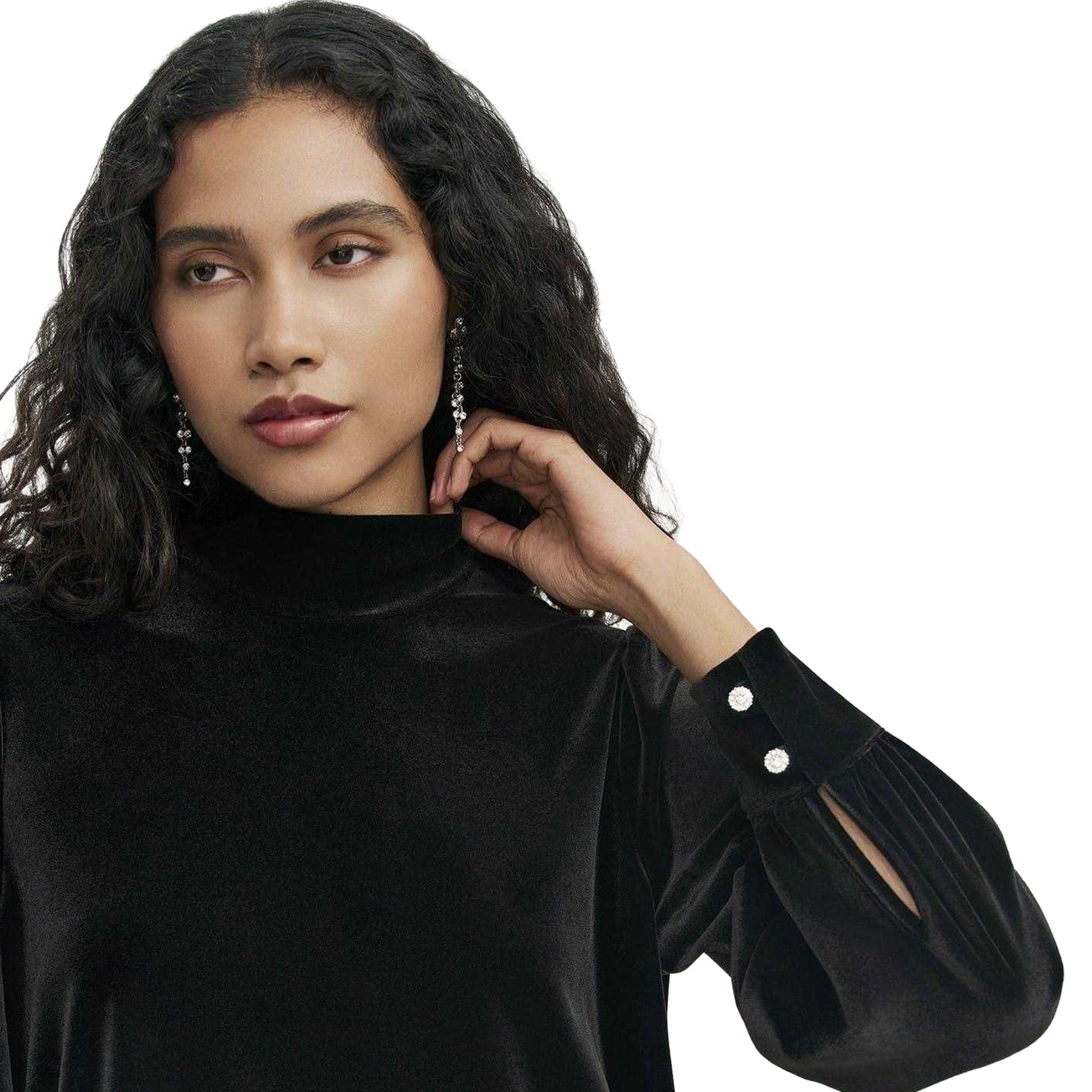 Black - Side - Finery Womens-Ladies Velvet Mock Neck Balloon Sleeve Blouse