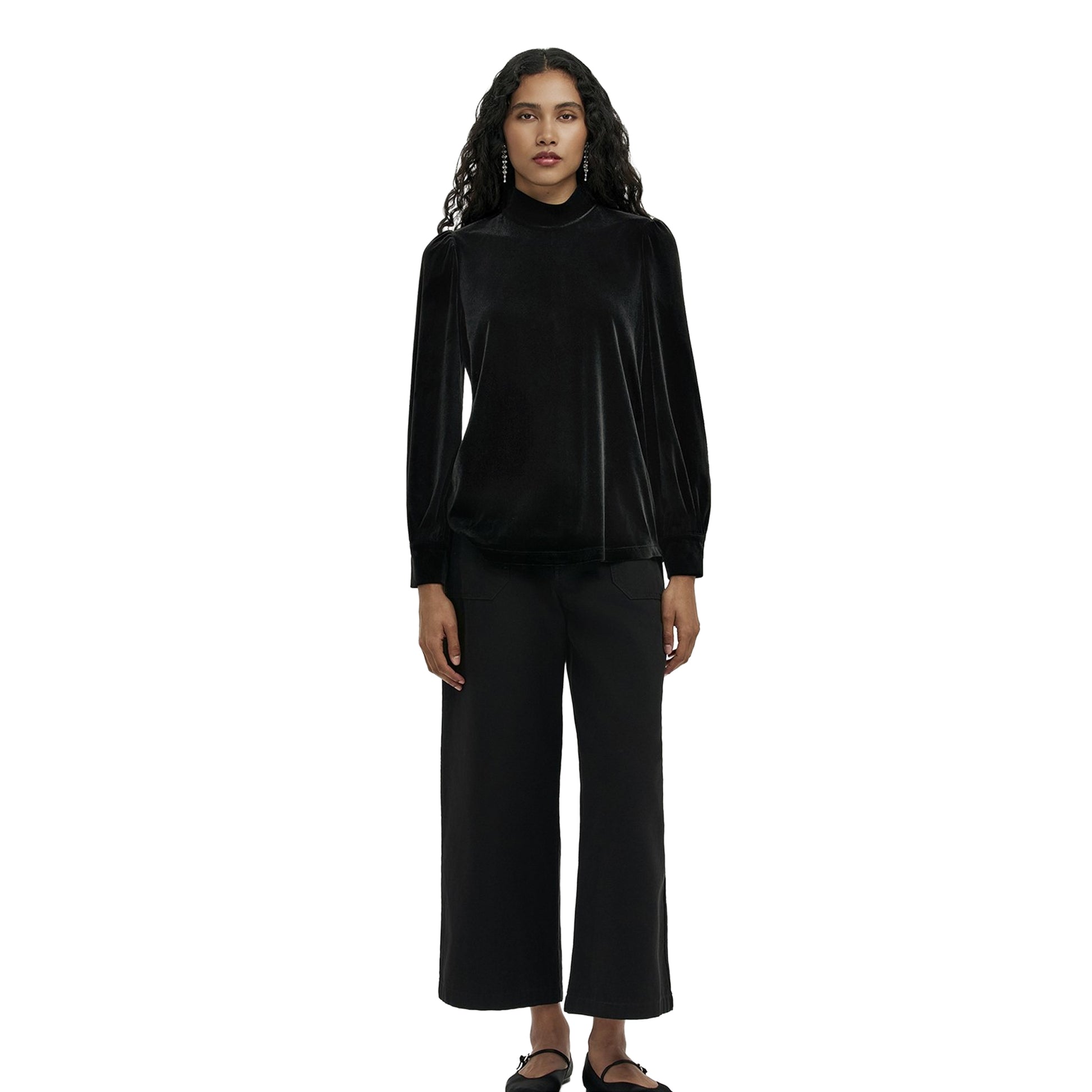 Black - Lifestyle - Finery Womens-Ladies Velvet Mock Neck Balloon Sleeve Blouse
