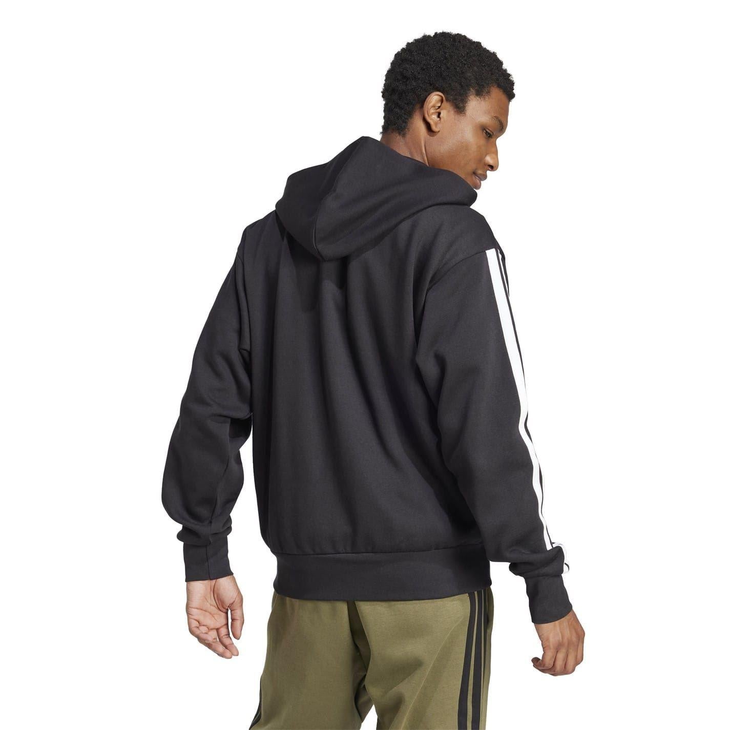 Black-White - Side - Adidas Mens 3S Cotton Blend Full Zip Hoodie
