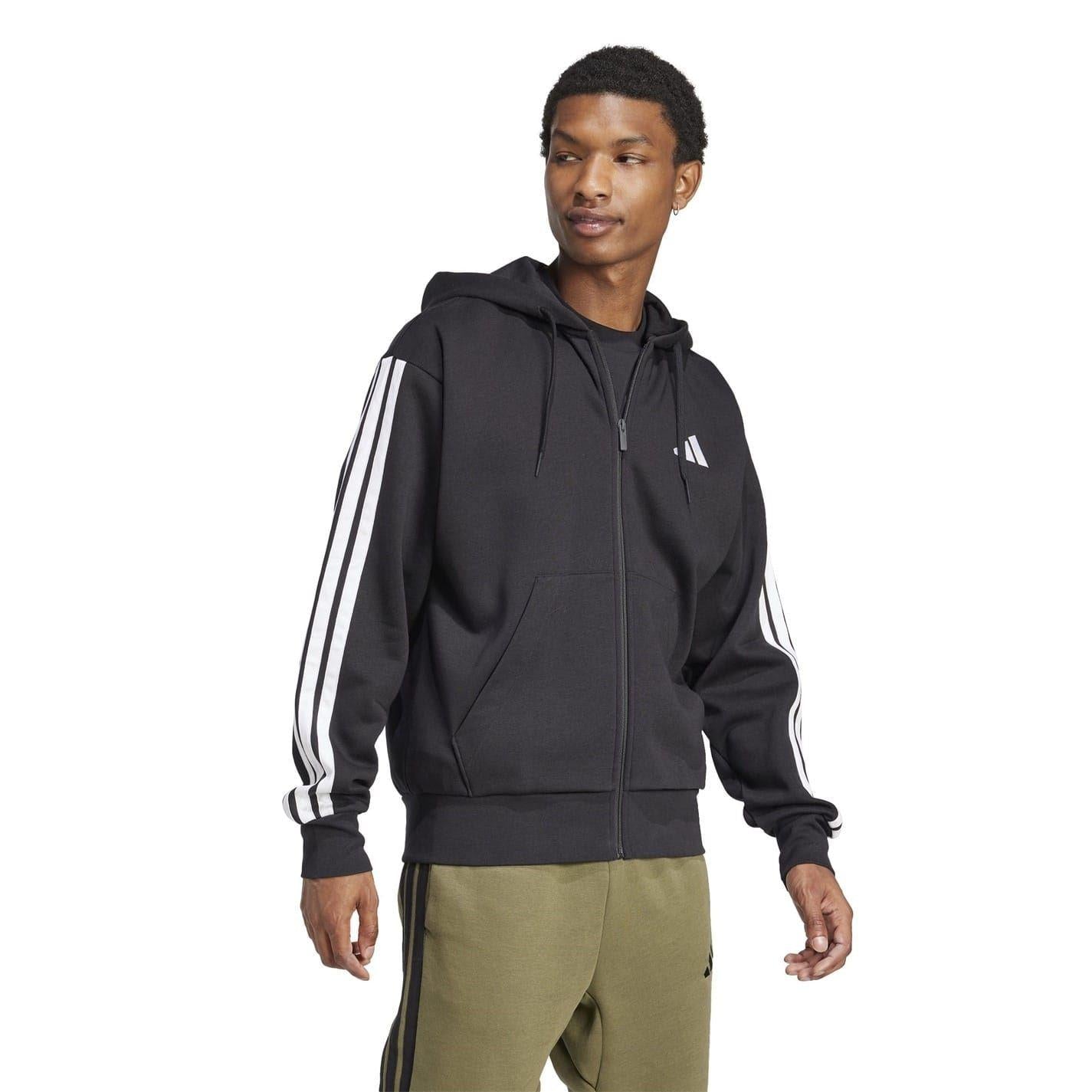 Black-White - Lifestyle - Adidas Mens 3S Cotton Blend Full Zip Hoodie