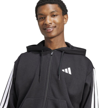 Black-White - Pack Shot - Adidas Mens 3 Stripes Fleece Full Zip Hoodie