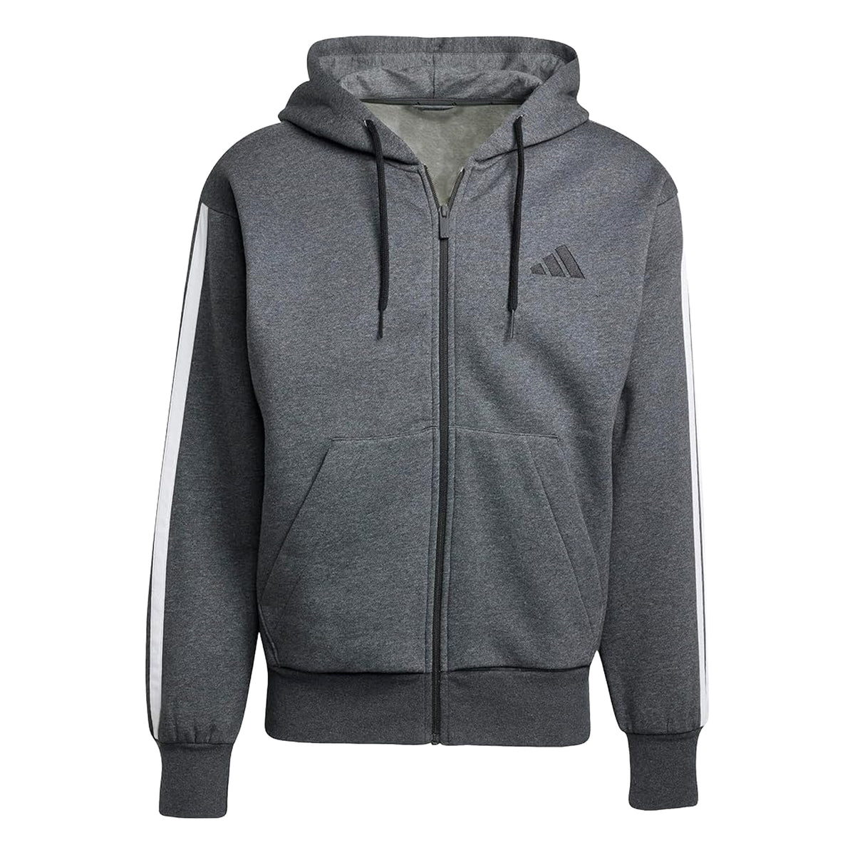 Dark Grey-Black - Front - Adidas Mens 3 Stripes Fleece Full Zip Hoodie