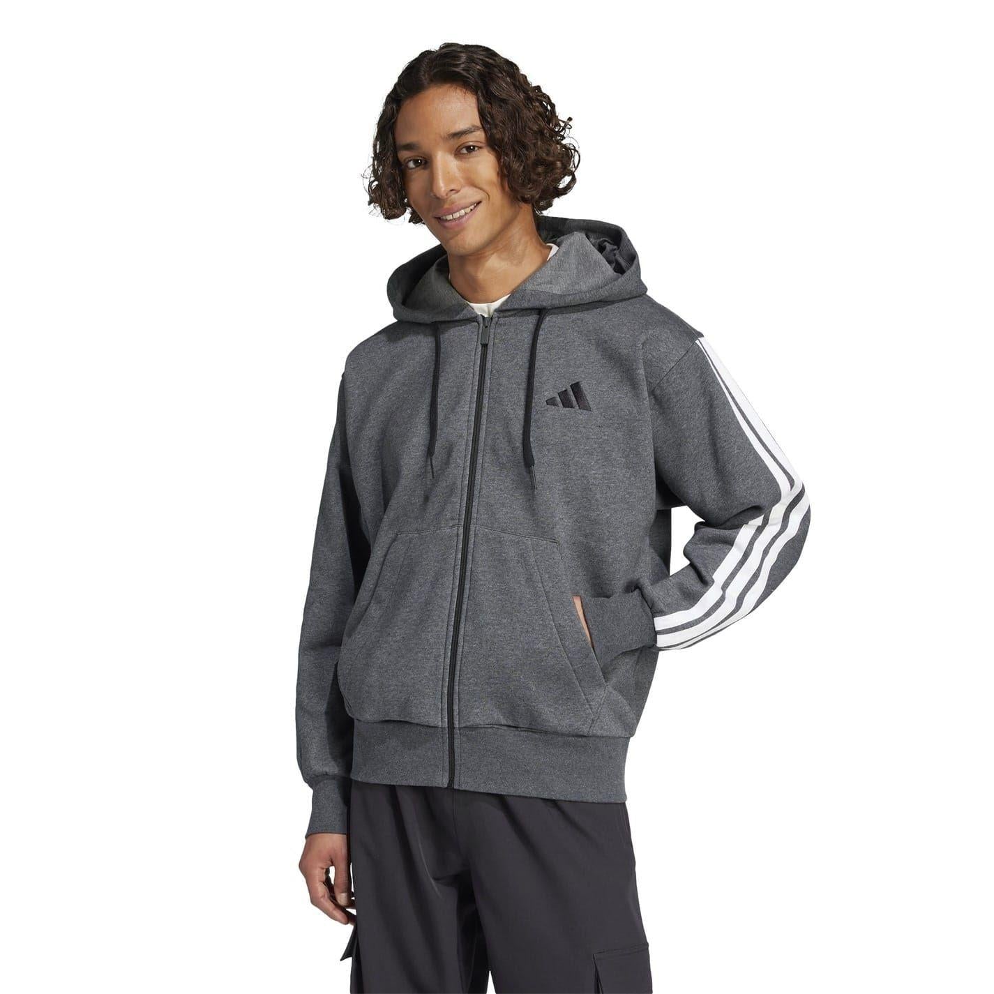 Dark Grey-Black - Back - Adidas Mens 3S Cotton Blend Full Zip Hoodie