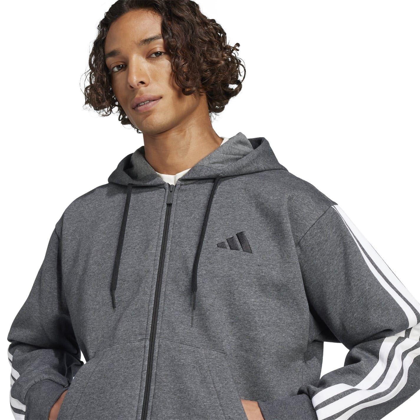 Dark Grey-Black - Lifestyle - Adidas Mens 3S Cotton Blend Full Zip Hoodie
