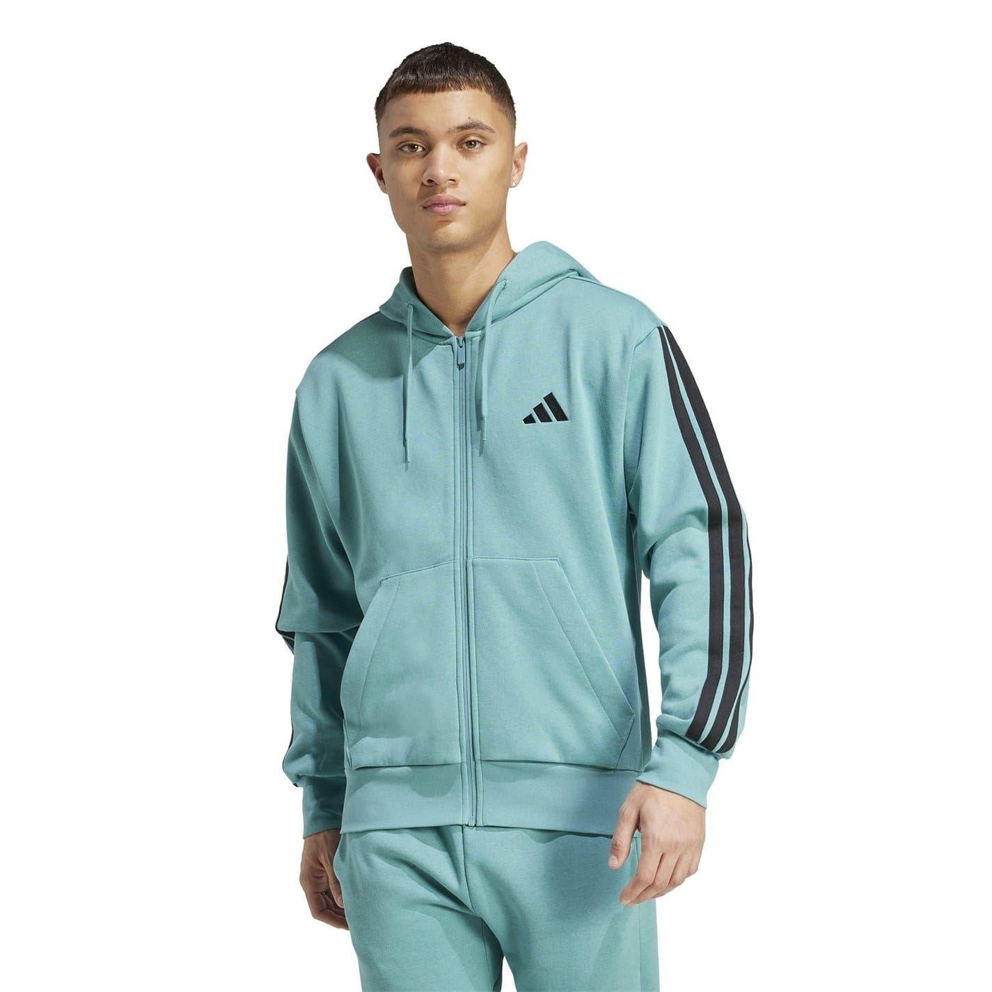 Teal - Back - Adidas Mens 3S Cotton Blend Full Zip Hoodie