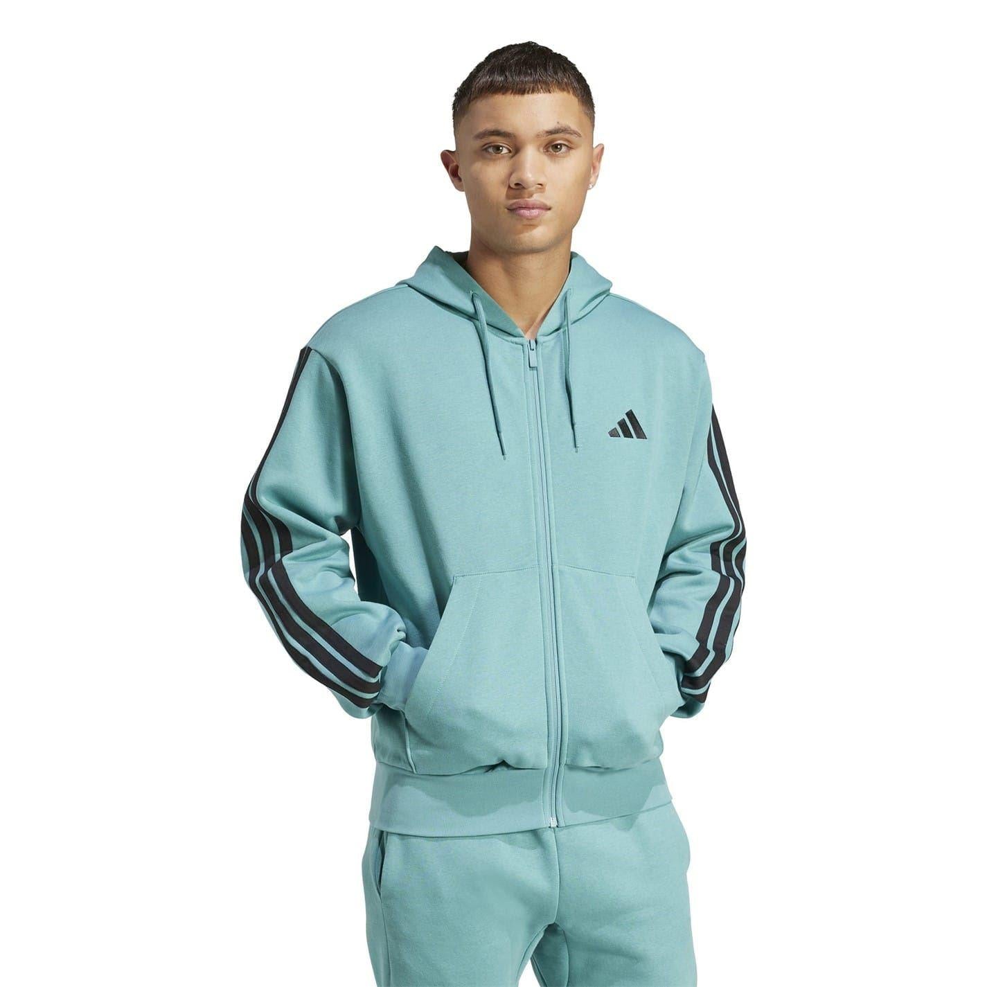 Teal - Lifestyle - Adidas Mens 3S Cotton Blend Full Zip Hoodie