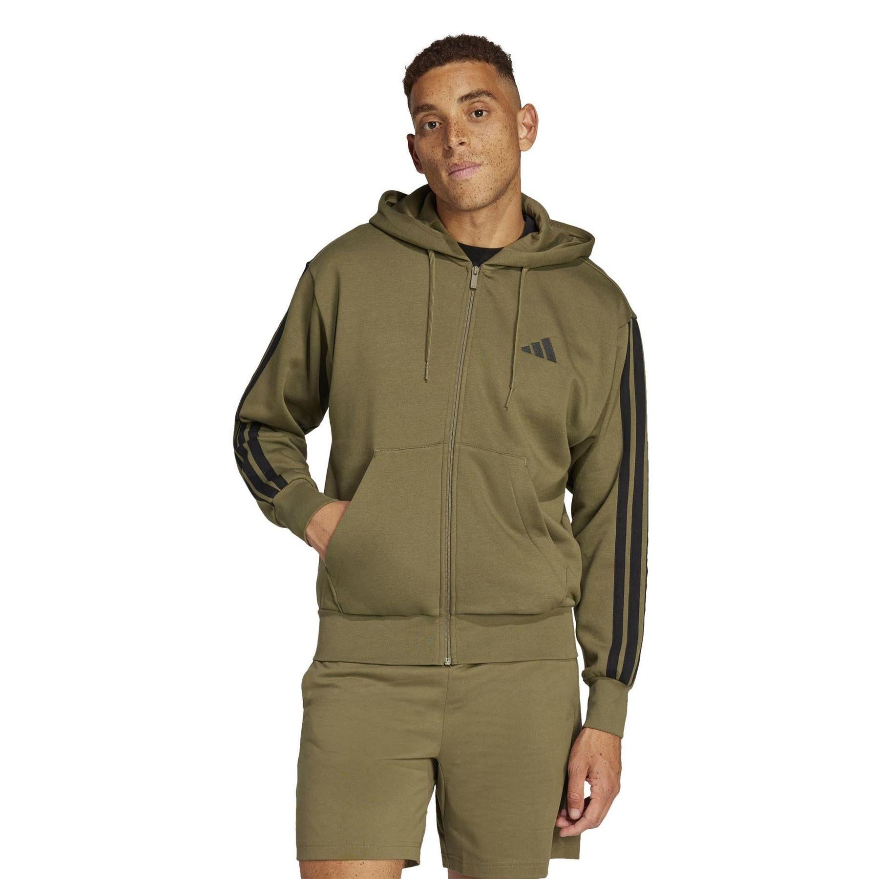 Olive Strata - Back - Adidas Mens 3S Cotton Blend Full Zip Hoodie