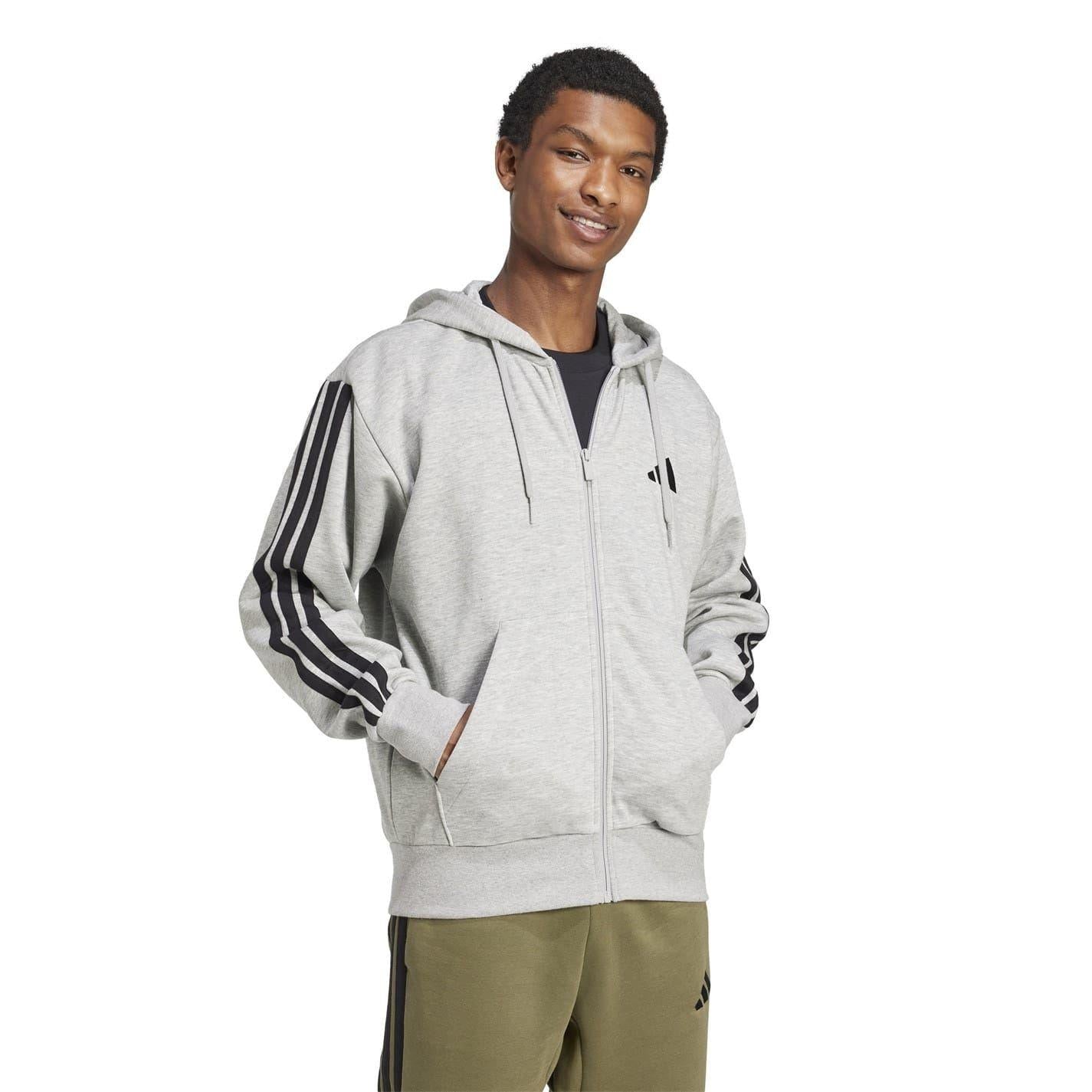 Medium Grey-Black - Lifestyle - Adidas Mens 3S Cotton Blend Full Zip Hoodie