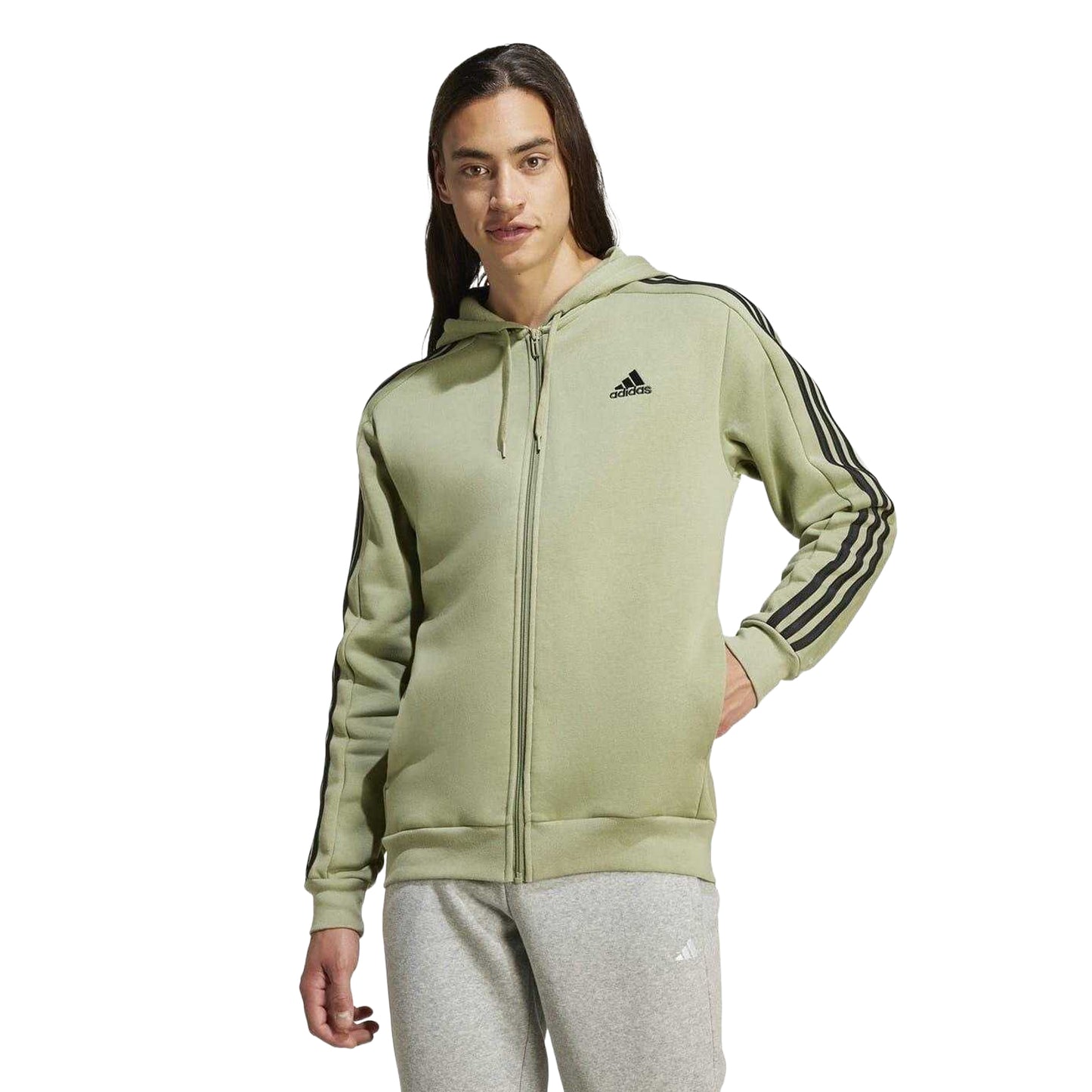 Green - Back - Adidas Mens 3S Cotton Blend Full Zip Hoodie