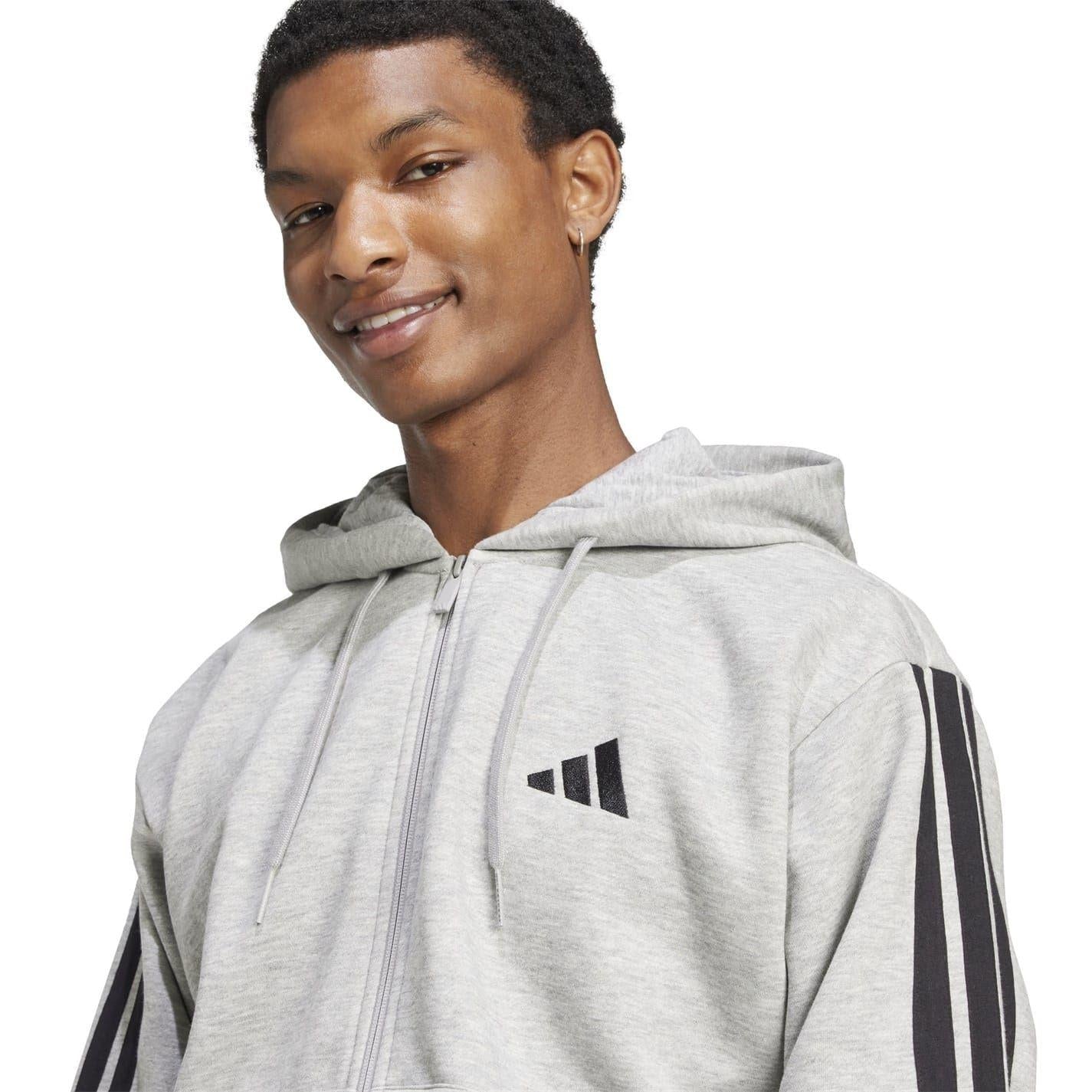 Medium Grey-Black - Pack Shot - Adidas Mens 3S Cotton Blend Full Zip Hoodie