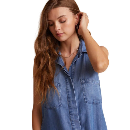 Blue - Side - Bella Dahl Womens-Ladies Denim Back Slit Sleeveless Shirt