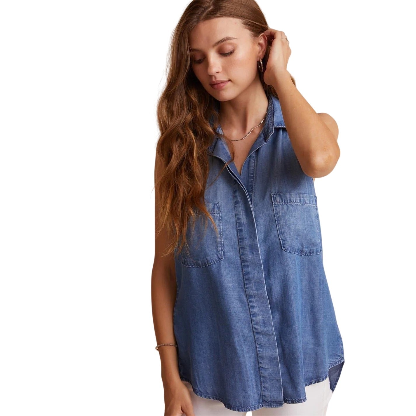 Blue - Front - Bella Dahl Womens-Ladies Denim Back Slit Sleeveless Shirt