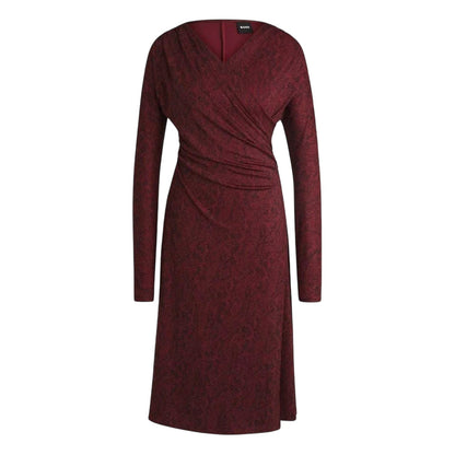 Burgundy - Front - Boss Womens-Ladies Ettita V Neck Regular Midi Dress