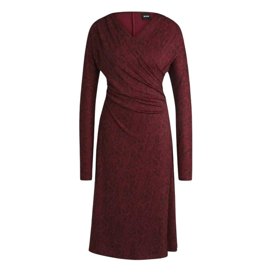 Burgundy - Front - Boss Womens-Ladies Ettita V Neck Regular Midi Dress