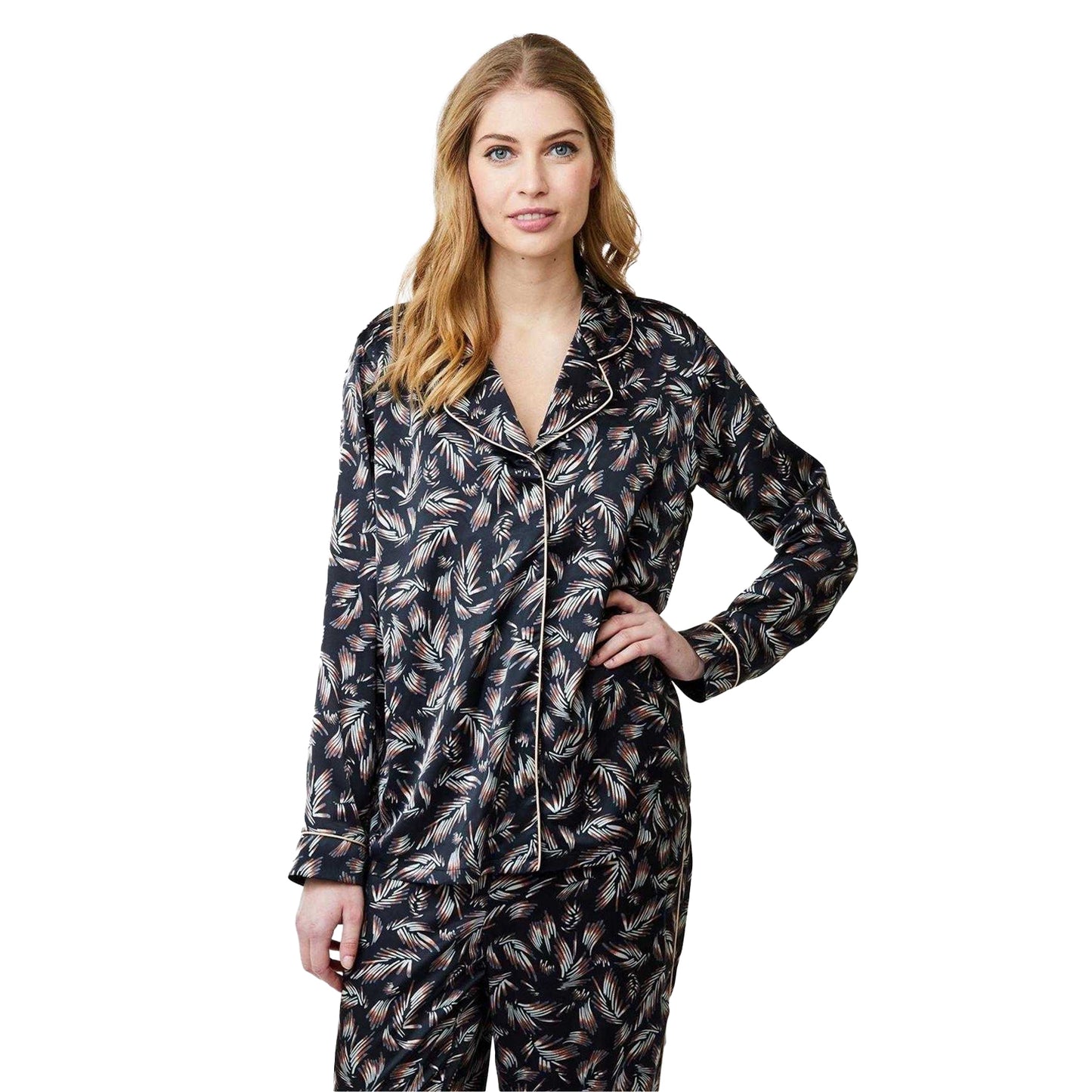 Black - Side - CCDK Copenhagen Womens-Ladies Josephine Leaf Print Satin Pyjama Top