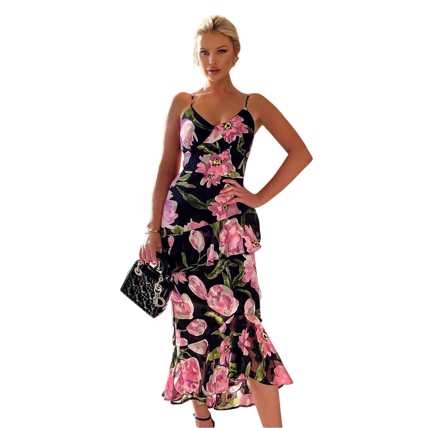 Black - Side - AX Paris Womens-Ladies Floral Polyester Strappy Midi Dress