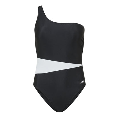 Black - Front - Zoggs Womens-Ladies Colour Block One Shoulder One Piece Swimsuit