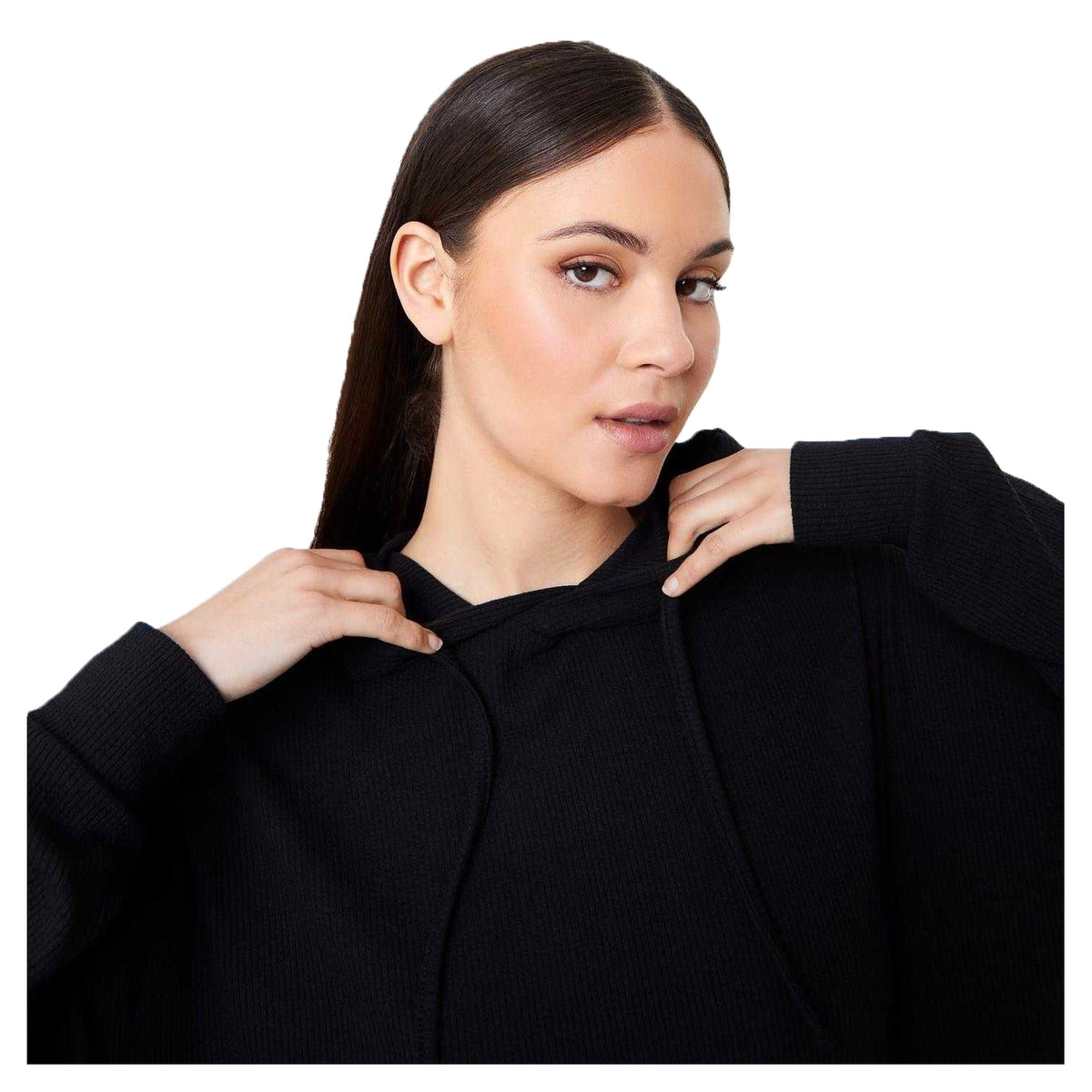 Jet Black - Side - USA Womens-Ladies Ribbed Slouch Hoodie
