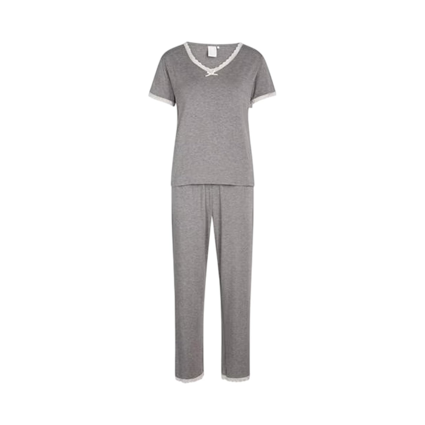Grey Melange - Front - CCDK Copenhagen Womens-Ladies Lace Detail Short-Sleeved Pyjama Set