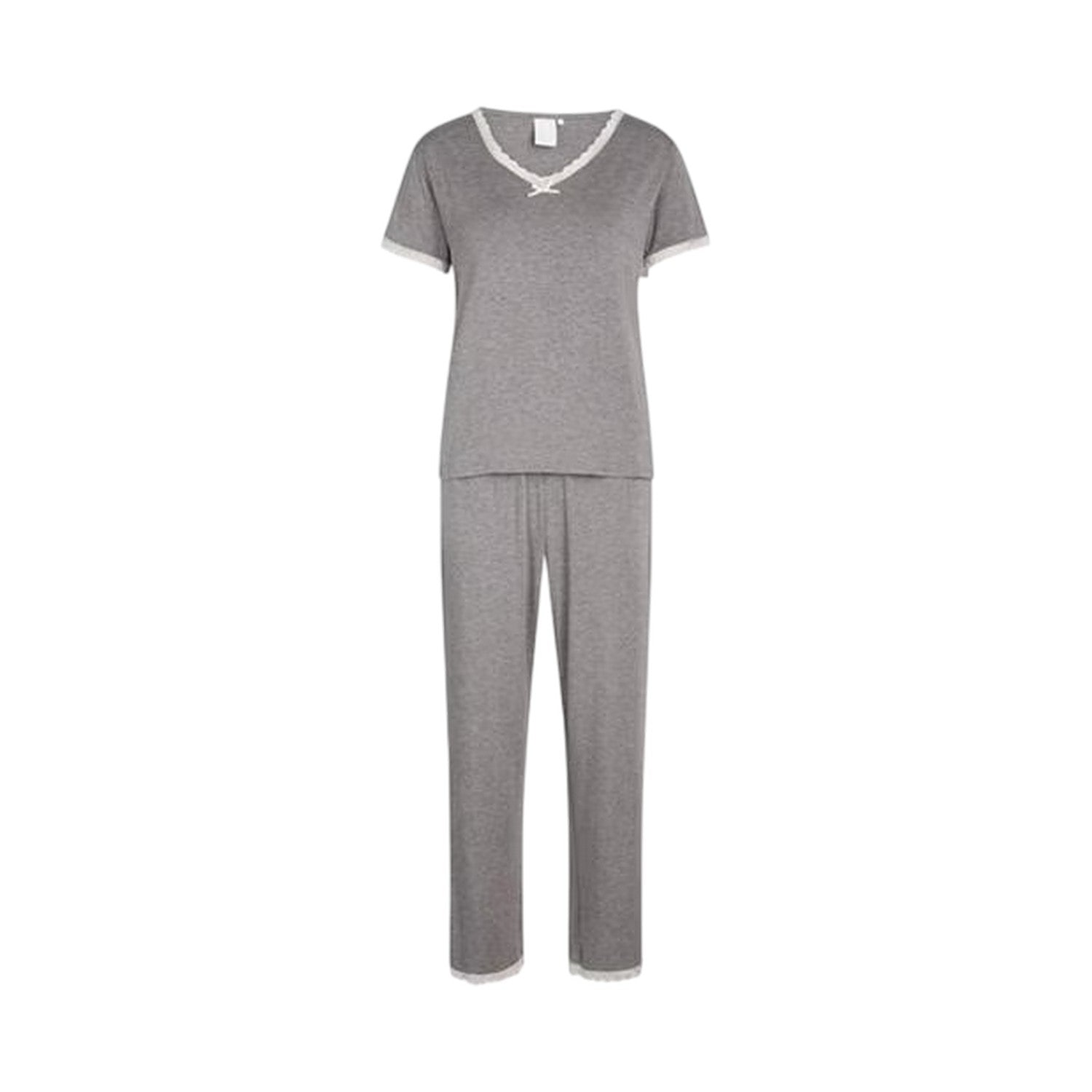 Grey Melange - Front - CCDK Copenhagen Womens-Ladies Lace Detail Short-Sleeved Pyjama Set