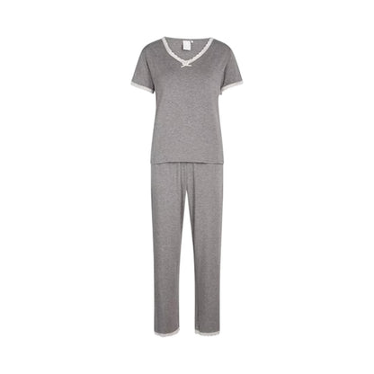 Grey Melange - Front - CCDK Copenhagen Womens-Ladies Lace Detail Short-Sleeved Pyjama Set