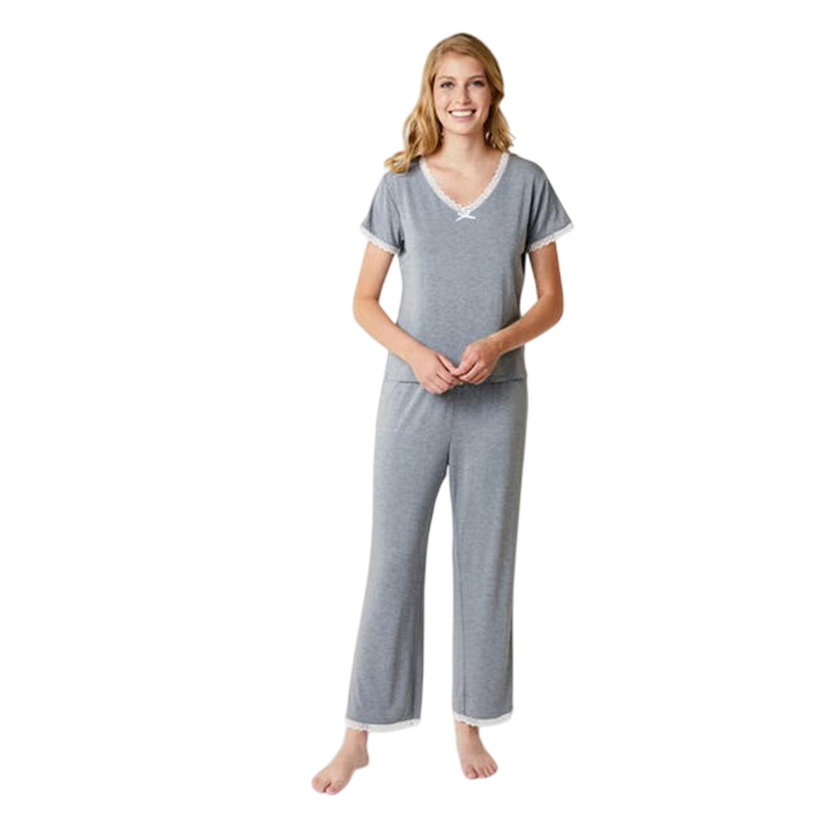 Grey Melange - Side - CCDK Copenhagen Womens-Ladies Lace Detail Short-Sleeved Pyjama Set