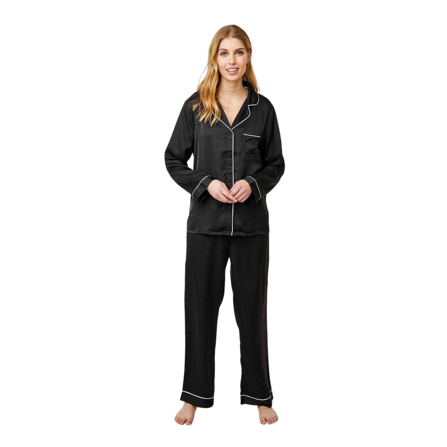 Black - Side - CCDK Copenhagen Womens-Ladies Josephine Piped Recycled Polyester Long Pyjama Set