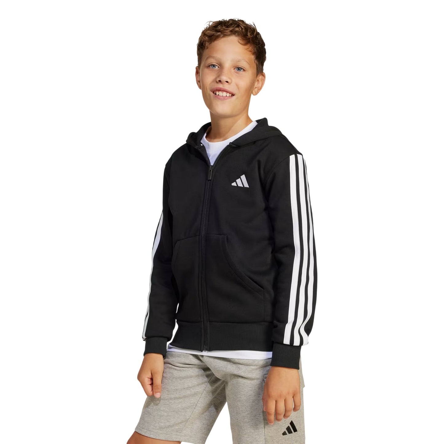 Black-White - Side - Adidas Childrens-Kids Essentials 3 Stripes Full Zip Hoodie