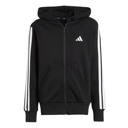 Black-White - Front - Adidas Childrens-Kids Essentials 3 Stripes Full Zip Hoodie