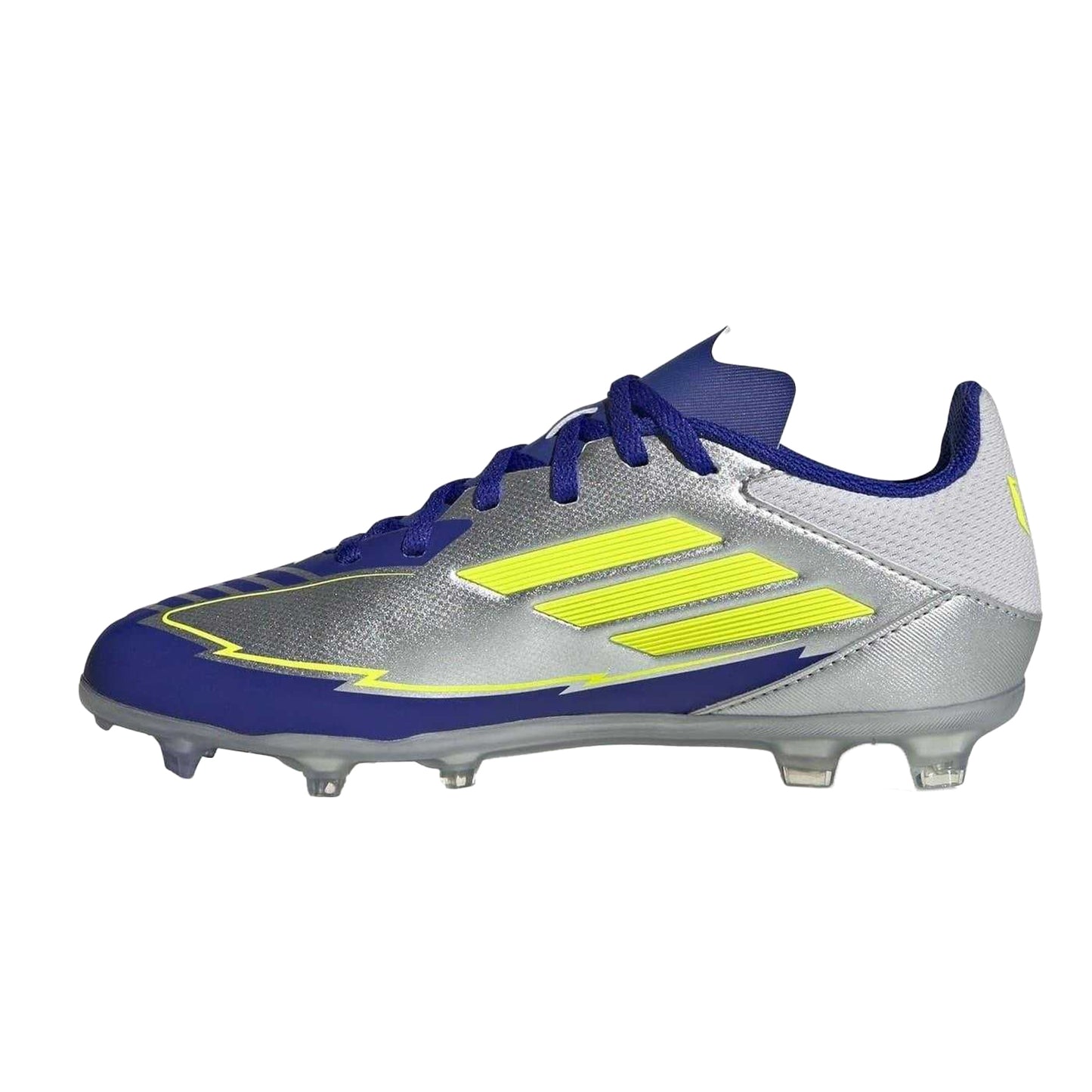 Silver-Blue - Side - Adidas Childrens-Kids Messi F50 3 Stripes Firm Ground Football Boots