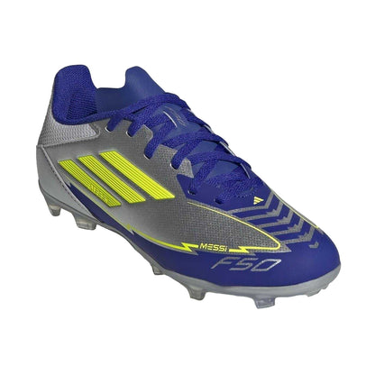Silver-Blue - Lifestyle - Adidas Childrens-Kids Messi F50 3 Stripes Firm Ground Football Boots