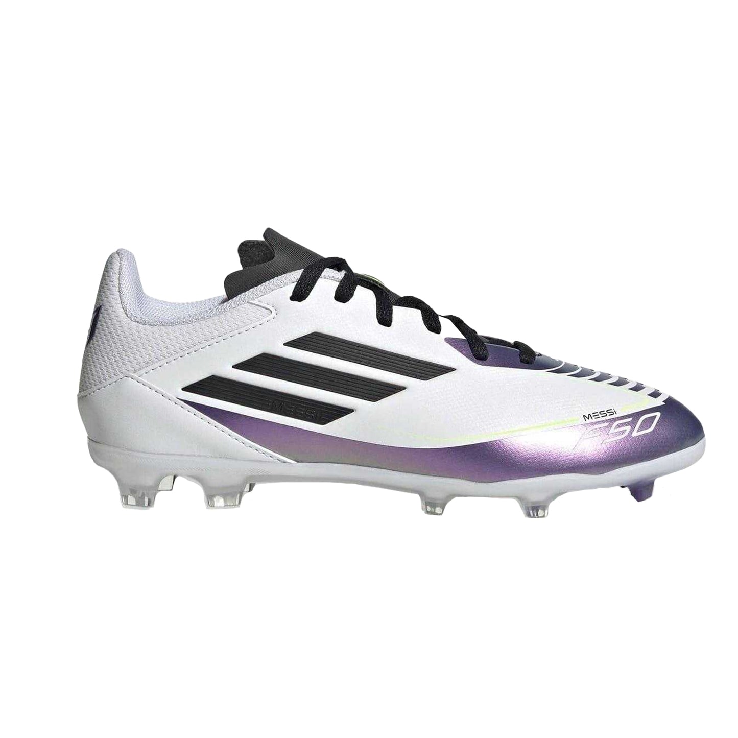 White-Purple - Front - Adidas Childrens-Kids Messi F50 3 Stripes Firm Ground Football Boots