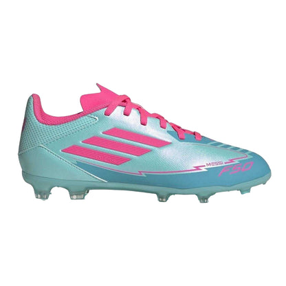 Blue-Pink - Back - Adidas Childrens-Kids Messi F50 3 Stripes Firm Ground Football Boots