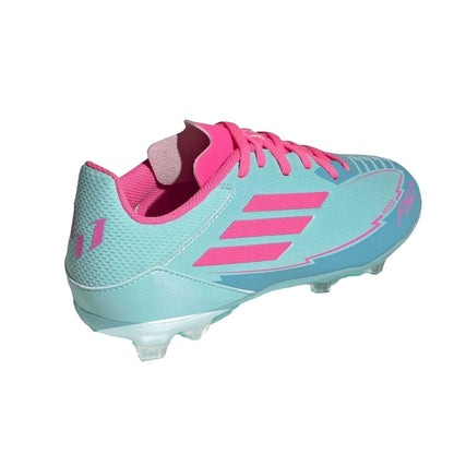 Blue-Pink - Side - Adidas Childrens-Kids Messi F50 3 Stripes Firm Ground Football Boots
