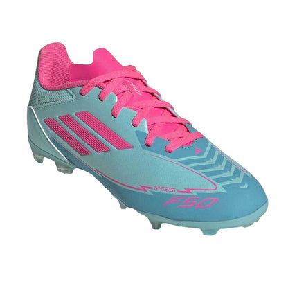 Blue-Pink - Pack Shot - Adidas Childrens-Kids Messi F50 3 Stripes Firm Ground Football Boots