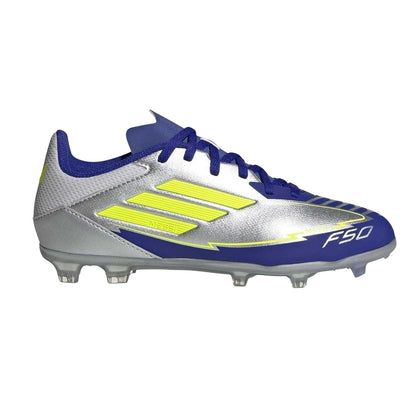 Silver-Blue - Front - Adidas Childrens-Kids Messi F50 3 Stripes Firm Ground Football Boots