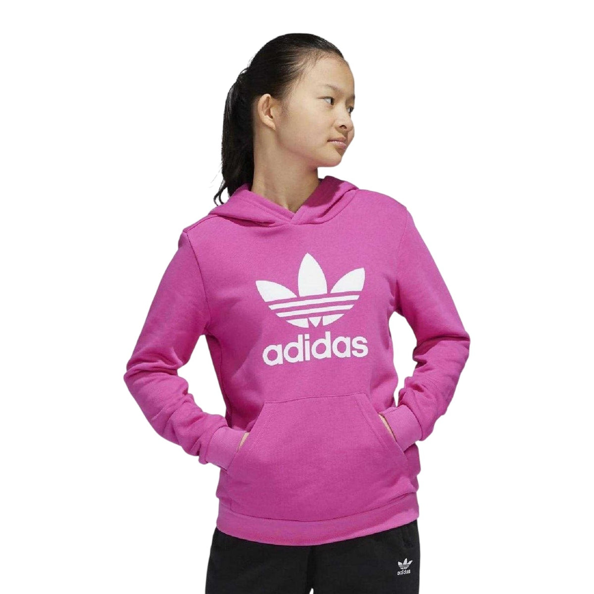 Pink - Side - Adidas Childrens-Kids Trefoil Pullover Hoodie