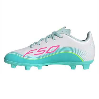 White-Pink-Blue - Side - Adidas Childrens-Kids F50 Club Firm Ground Football Boots