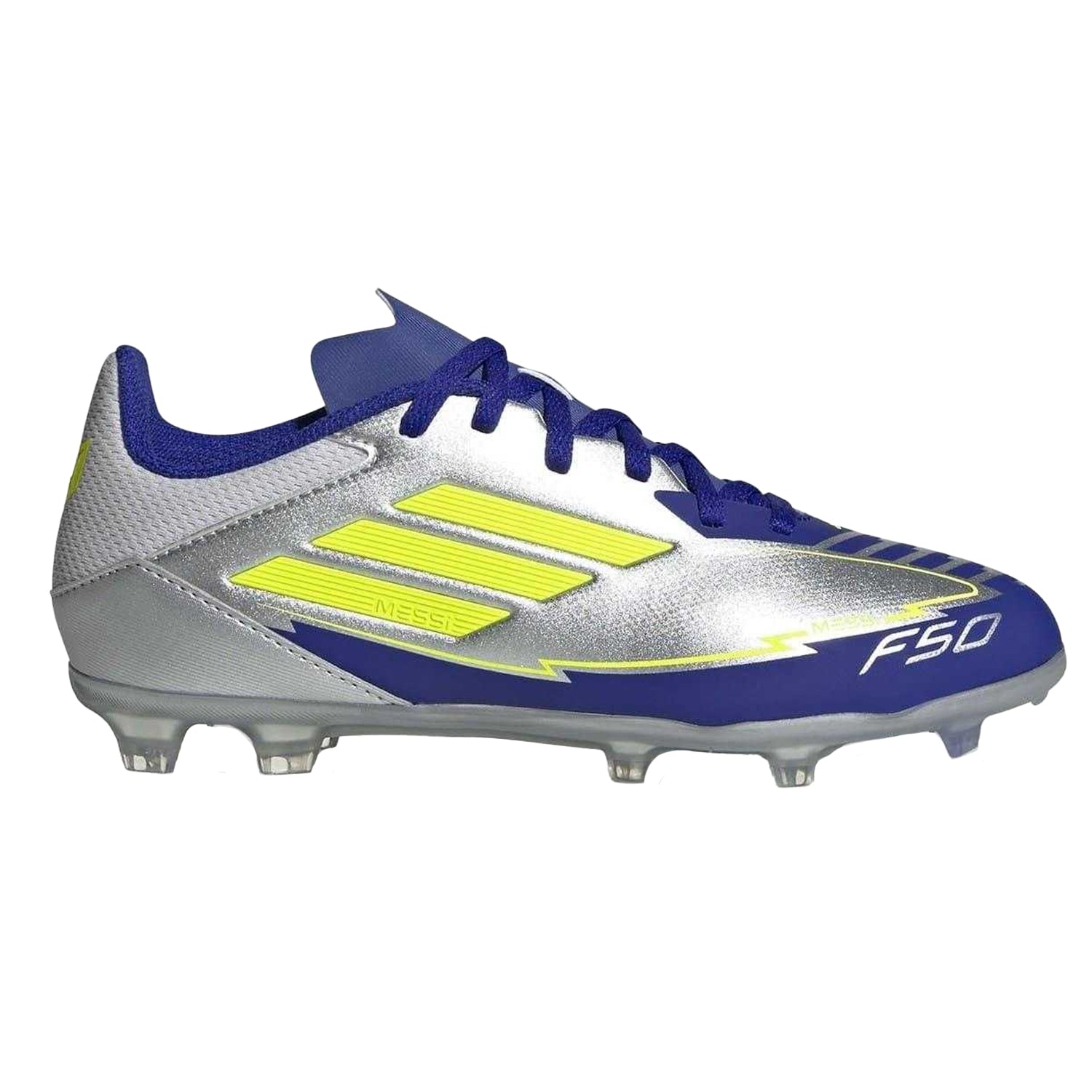Silver-Blue - Front - Adidas Childrens-Kids F50 League Firm Ground Football Boots
