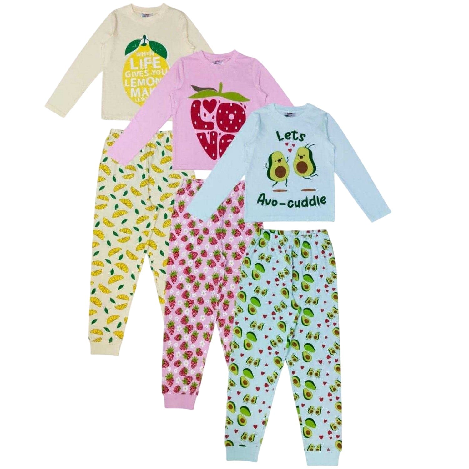 Multicoloured - Front - Star Childrens-Kids Fruit Long Pyjama Set (Pack of 3)