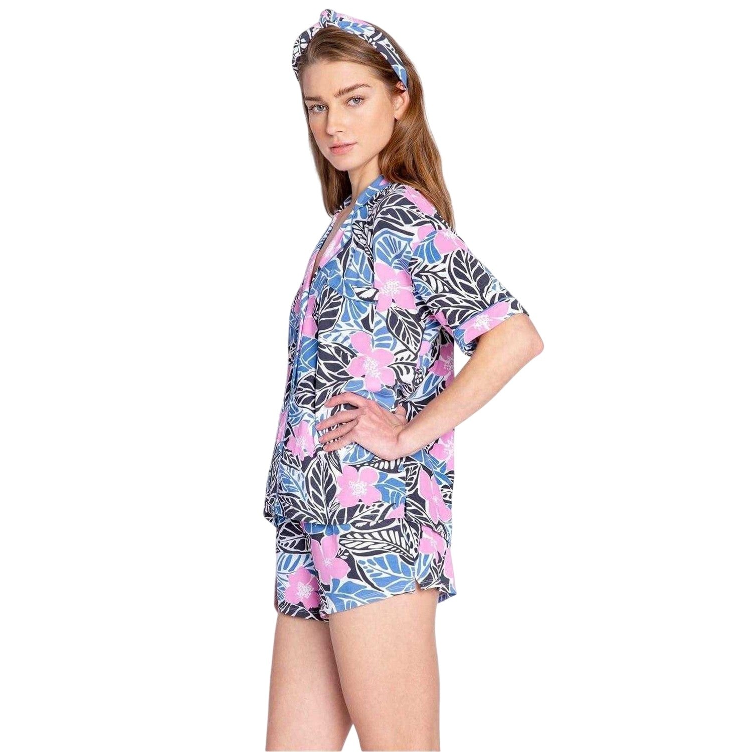 Multicoloured - Side - PJ Salvage Womens-Ladies Palm Print Short Pyjama Set
