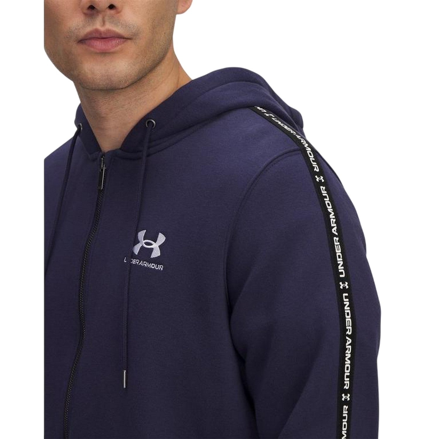 Midnight Navy-White - Side - Under Armour Mens Fleece Taped Sleeve Full Zip Hoodie
