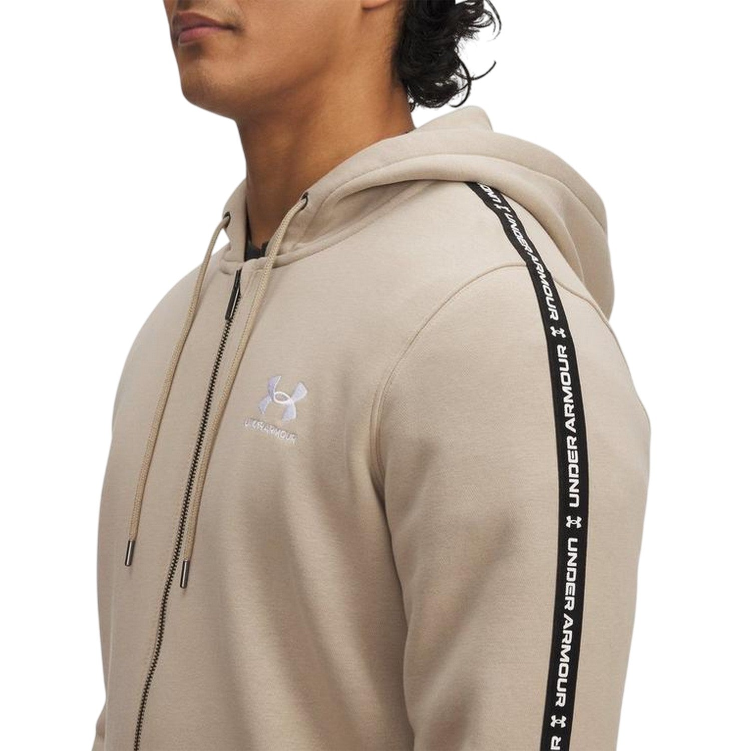 Khaki - Side - Under Armour Mens Fleece Taped Sleeve Full Zip Hoodie