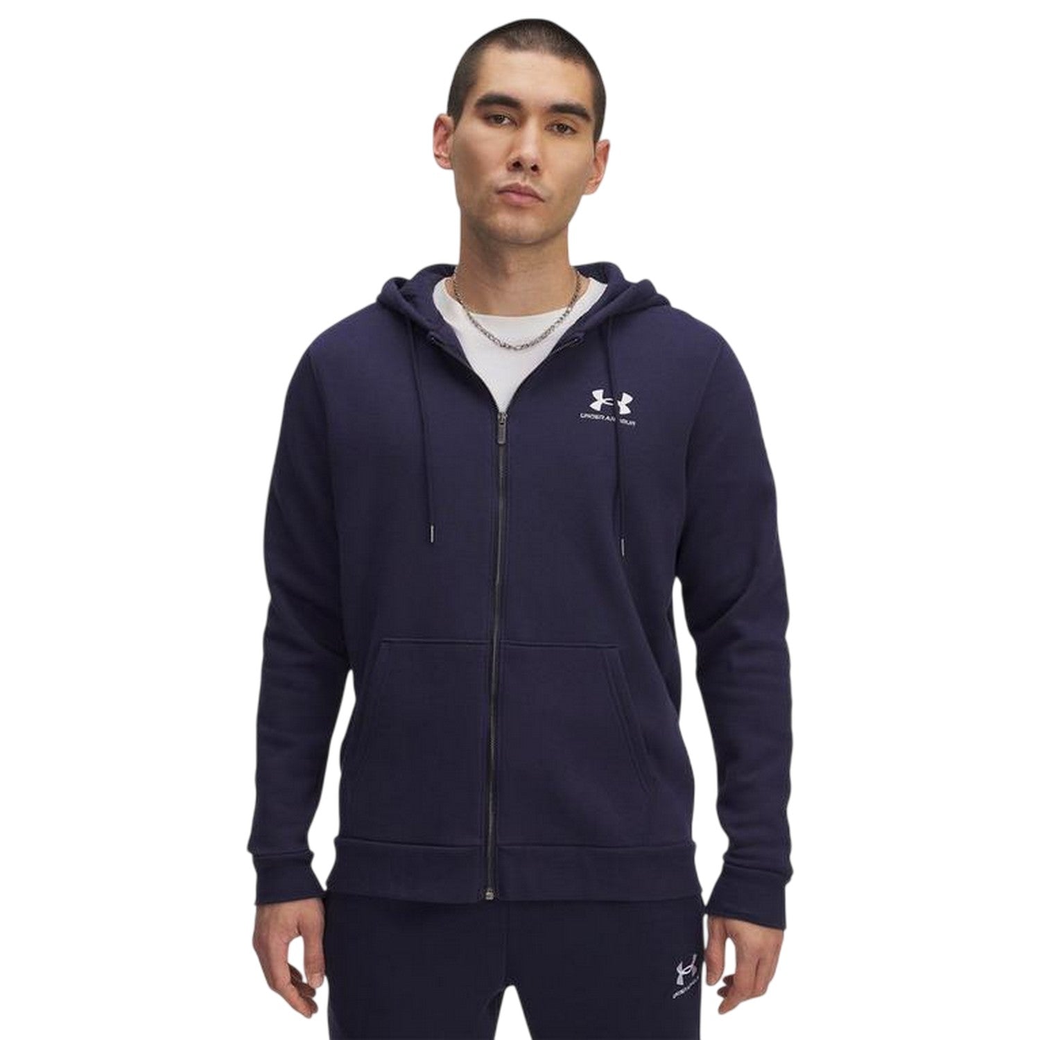 Midnight Navy-White - Front - Under Armour Mens Fleece Taped Sleeve Full Zip Hoodie