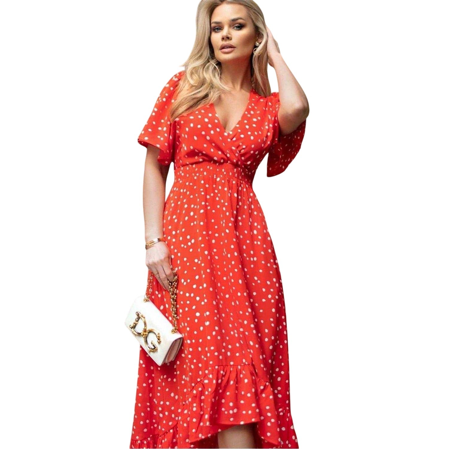 Red - Front - AX Paris Womens-Ladies Polka Dot High Low Hem Party Midi Dress