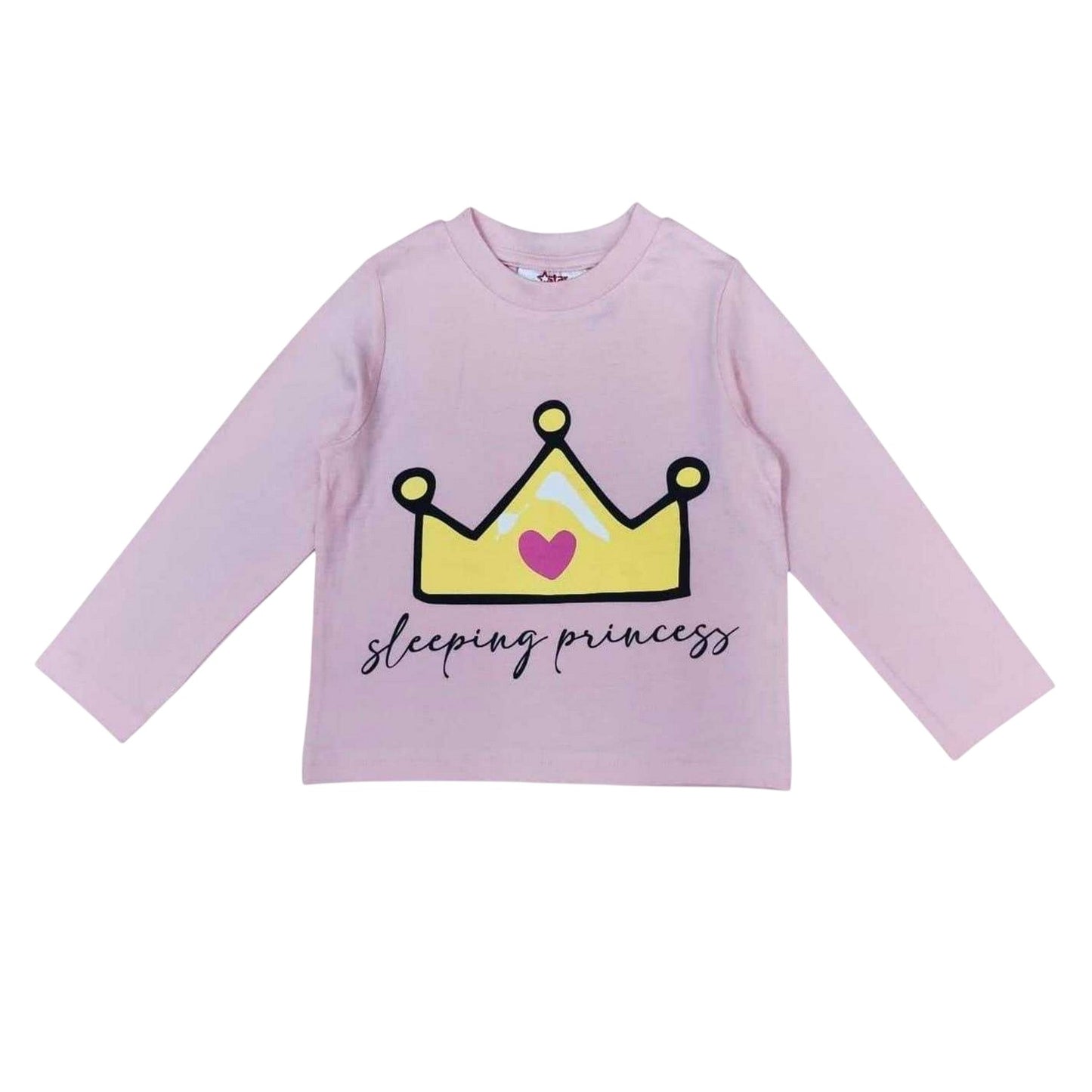 Pink - Back - Star Girls Crown Cotton Long Pyjama Set