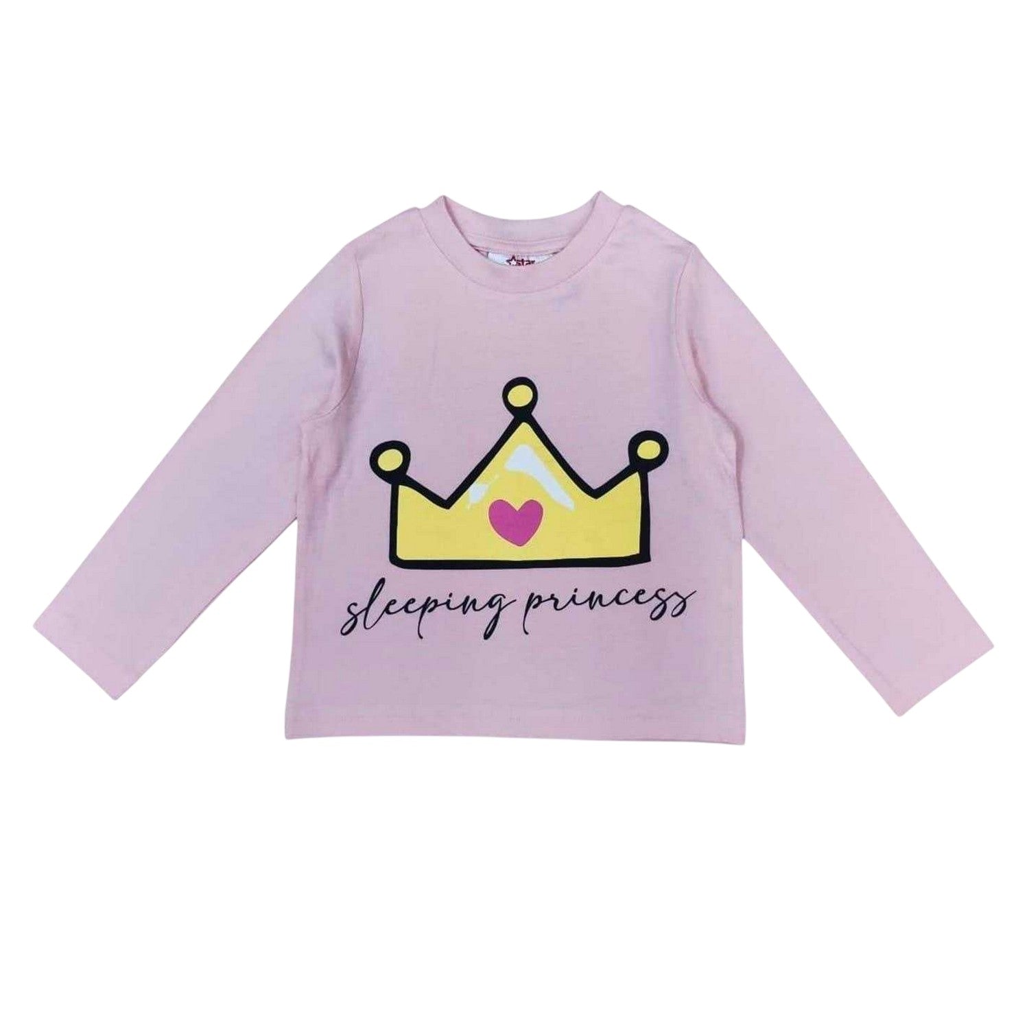 Pink - Back - Star Girls Crown Cotton Long Pyjama Set