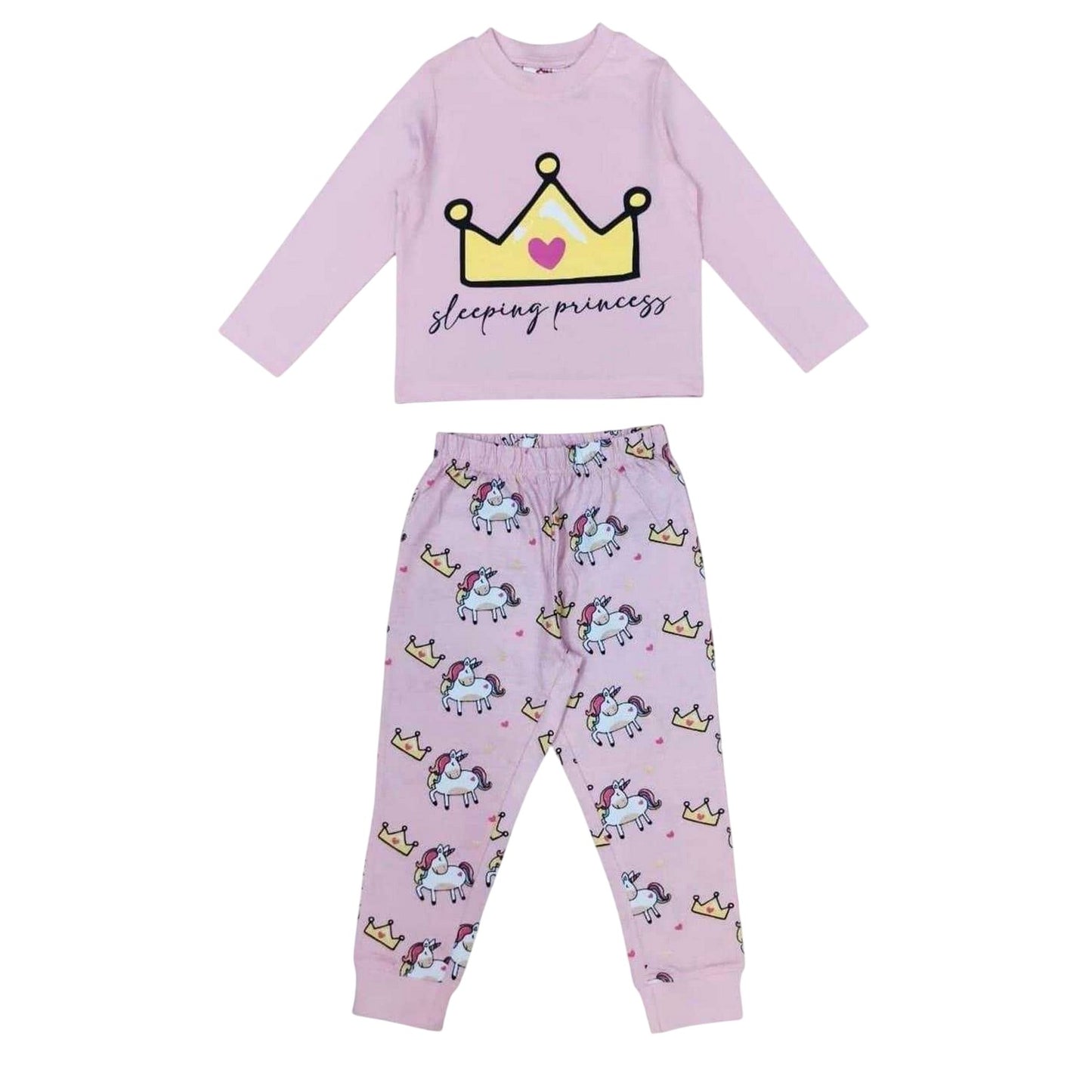 Pink - Front - Star Girls Crown Cotton Long Pyjama Set